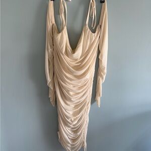 Fashion Nova Cream Backless Draped Dress